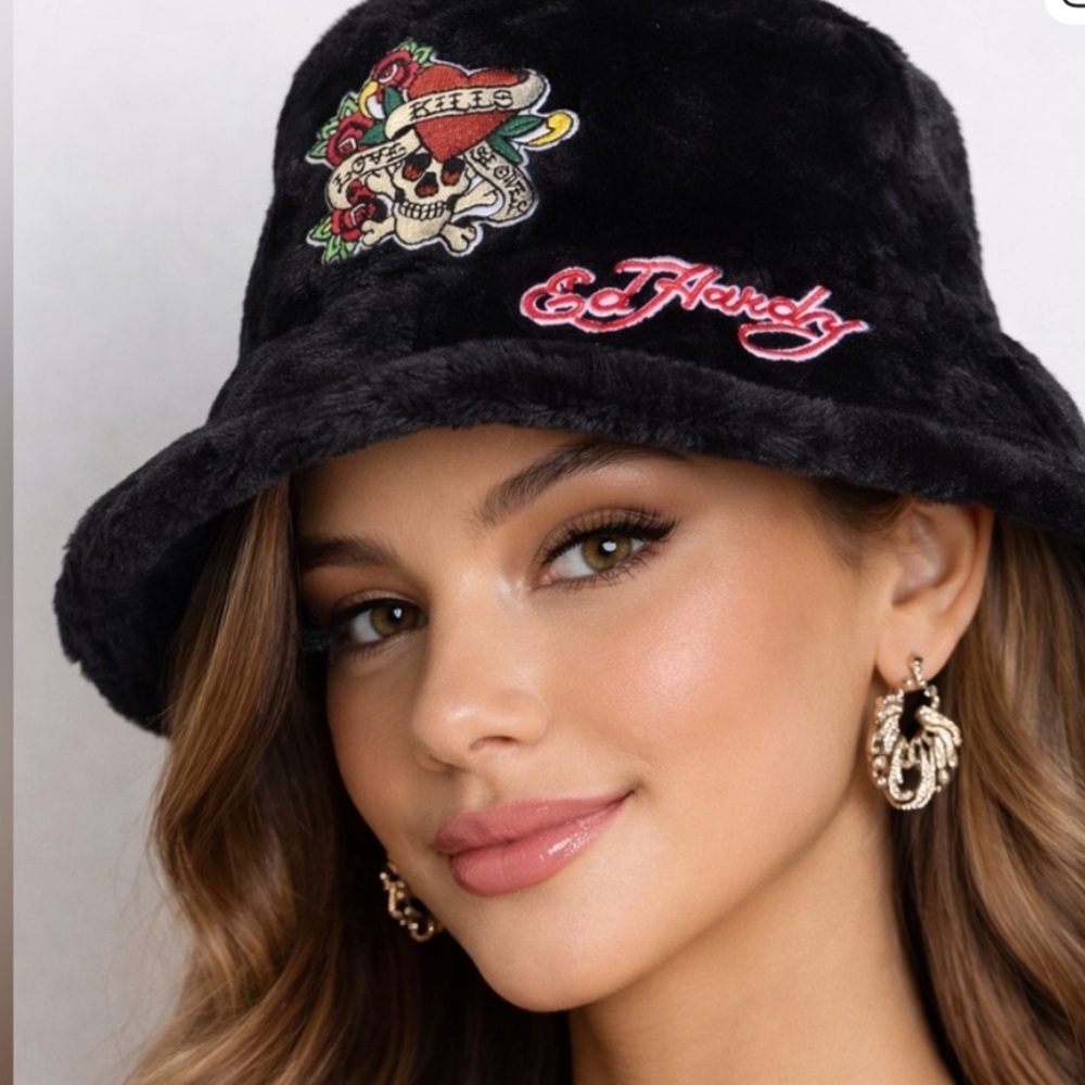 Ed Hardy Black Faux Fur Love Kills Slowly Embroidered Logo Bucket Hat NWT